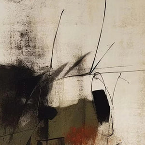Liam O'Connell's minimalist abstract painting in earthy tones and black lines, vertical wall art for serene spaces.