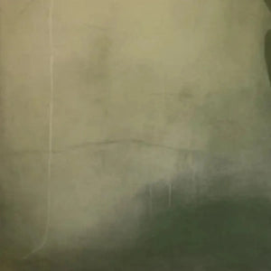 Olive Serenity vertical abstract painting with muted olive green gradient and subtle textured brushstrokes.