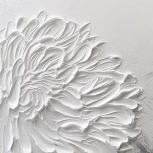 Close-up of White Textured Bloom impasto painting, showing thick 3D petals on a textured background.