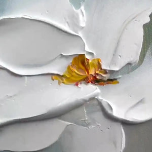 Close-up textured impressionist painting, white magnolia, thick impasto brushstrokes, vibrant yellow center, artistic detail.