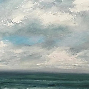 Liam O'Connell impasto painting: cloudy sky over teal ocean, textured coastal seascape.