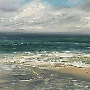 Liam O'Connell textured impasto square coastal painting, serene turquoise ocean and beach under cloudy sky.