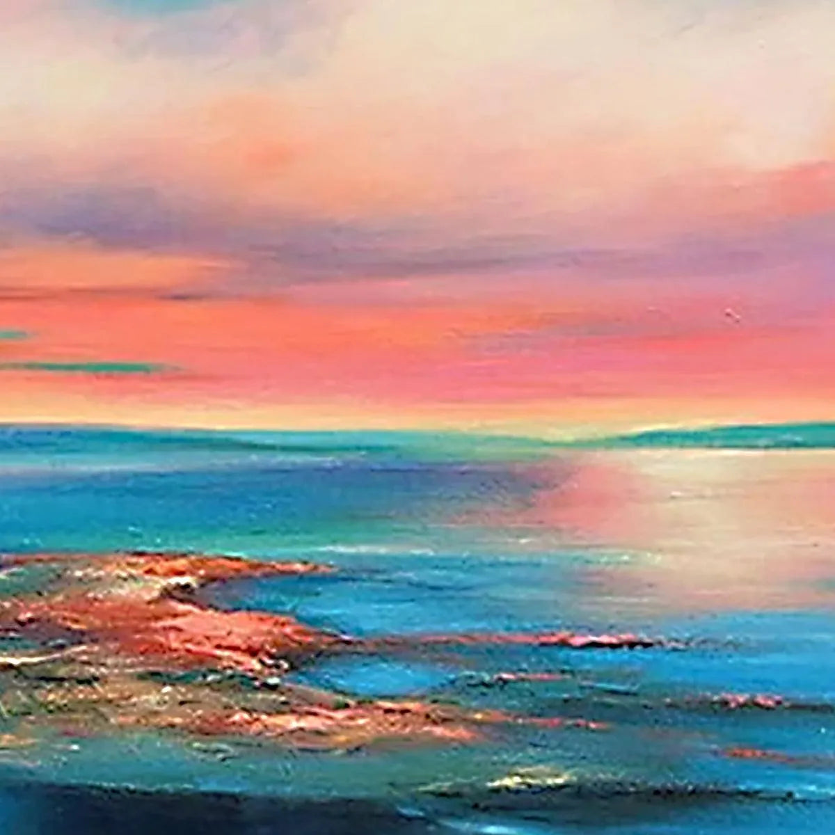 CORAL REEF SUNSET: Vibrant Coastal Sunset Painting, Square Wall Art