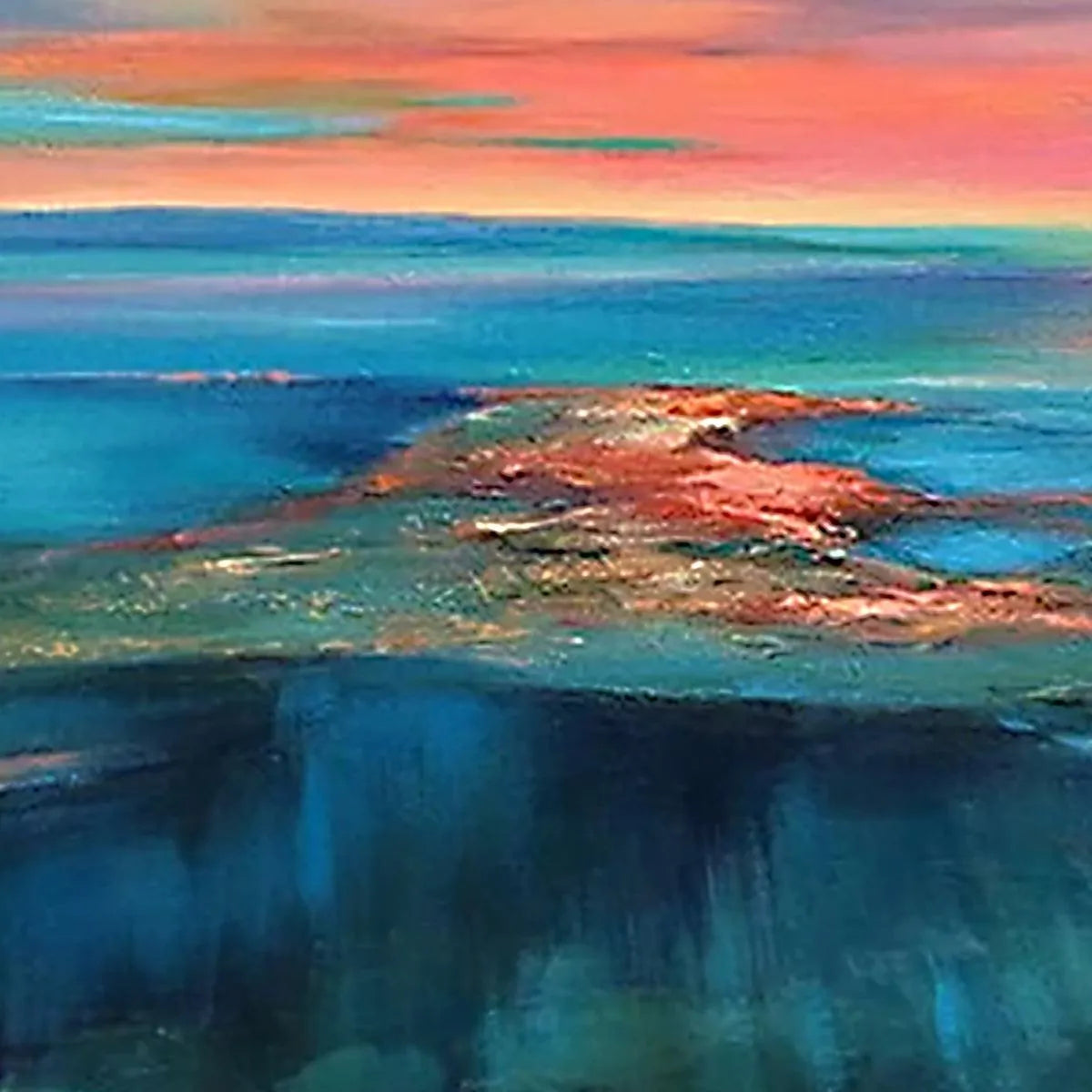 CORAL REEF SUNSET: Vibrant Coastal Sunset Painting, Square Wall Art