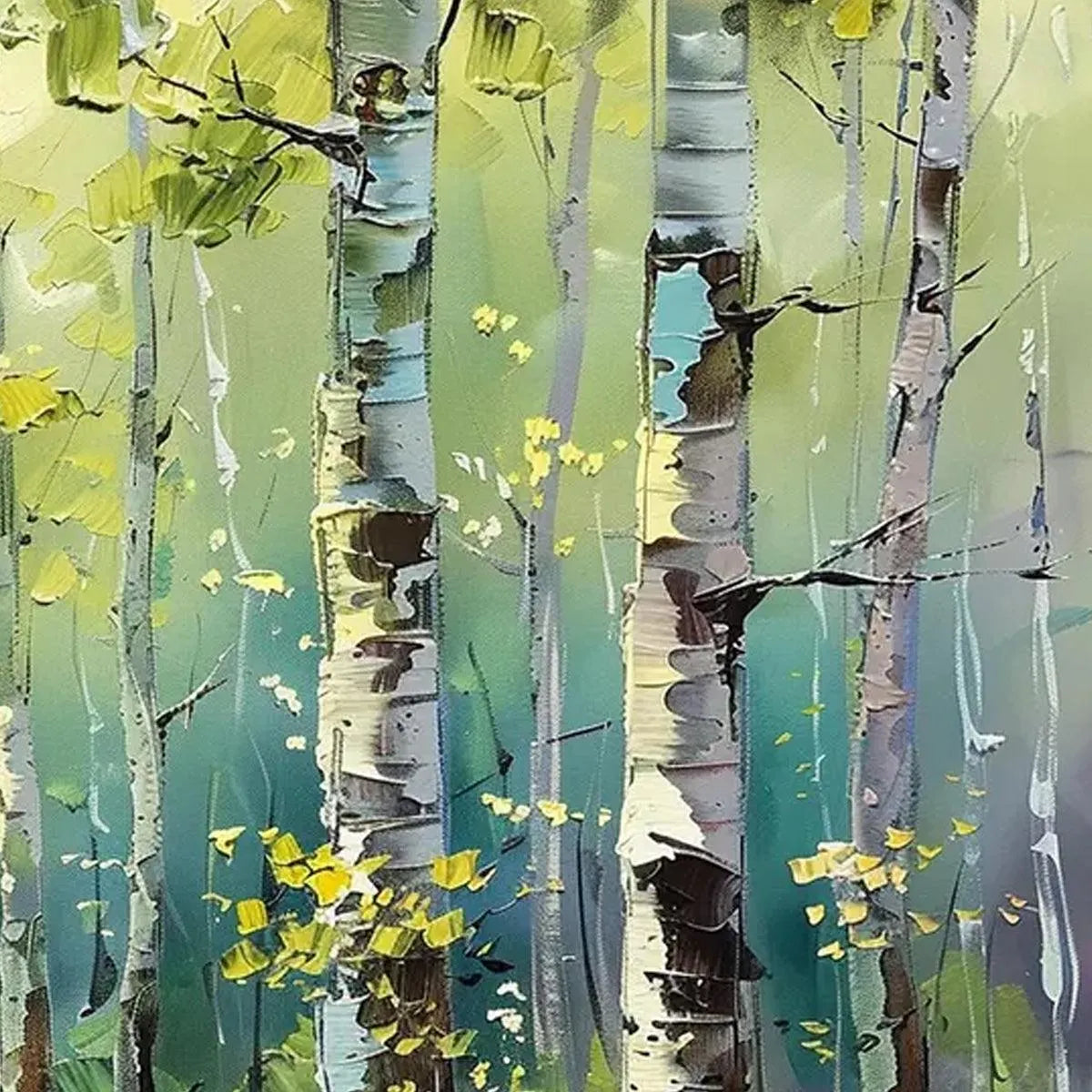 ASPEN GROVE: Textured Birch Tree Painting, Green and Yellow Forest Wall Art, Panoramic Canvas, Nature-Inspired Decor