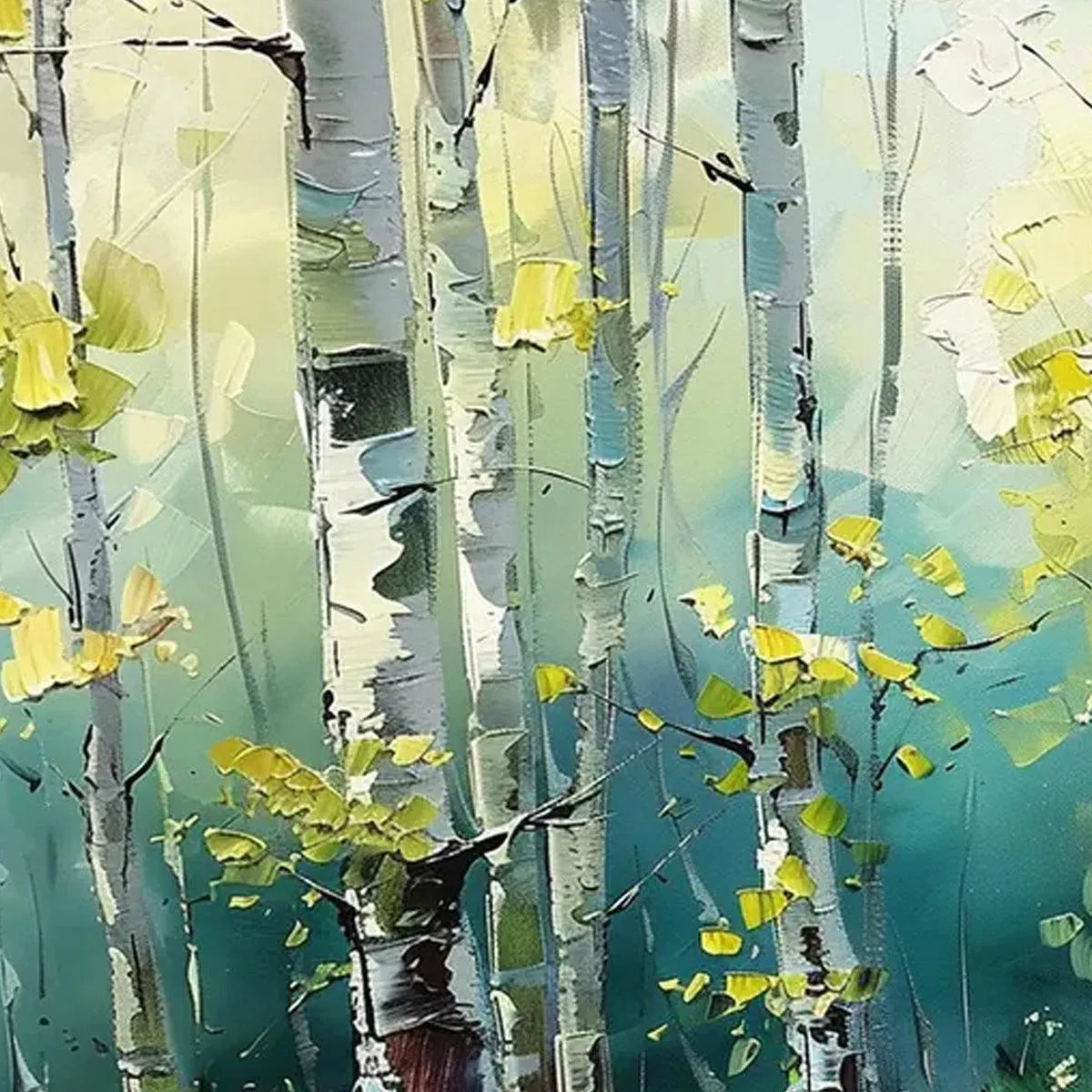 ASPEN GROVE: Textured Birch Tree Painting, Green and Yellow Forest Wall Art, Panoramic Canvas, Nature-Inspired Decor