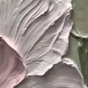 Close-up of impasto floral painting showcasing thick, layered strokes of pale pink, cream, and green paint with a 3D effect.