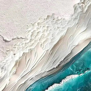 Textured abstract seascape art with thick impasto white waves and teal ocean water, vertical canvas for coastal decor.