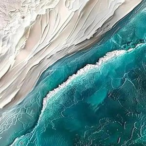 AZURE DREAM abstract seascape vertical canvas art with thick teal impasto waves and white sand