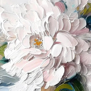 Close up of textured impasto painting featuring a white peony with pink hues and visible brushstrokes.