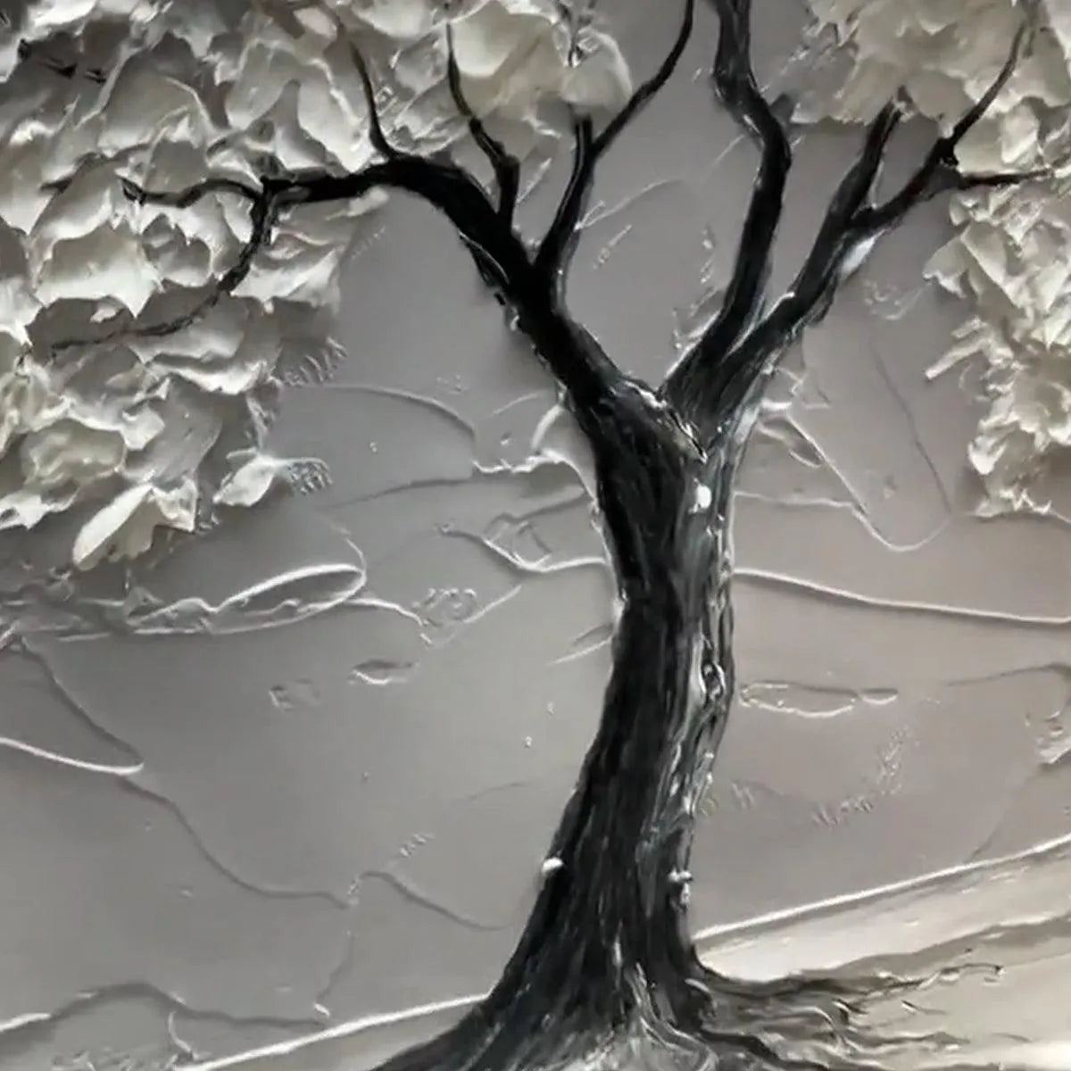 SERENE TREE: Textured 3D Tree Painting, White Impasto Wall Art, Panoramic Canvas, Minimalist Decor