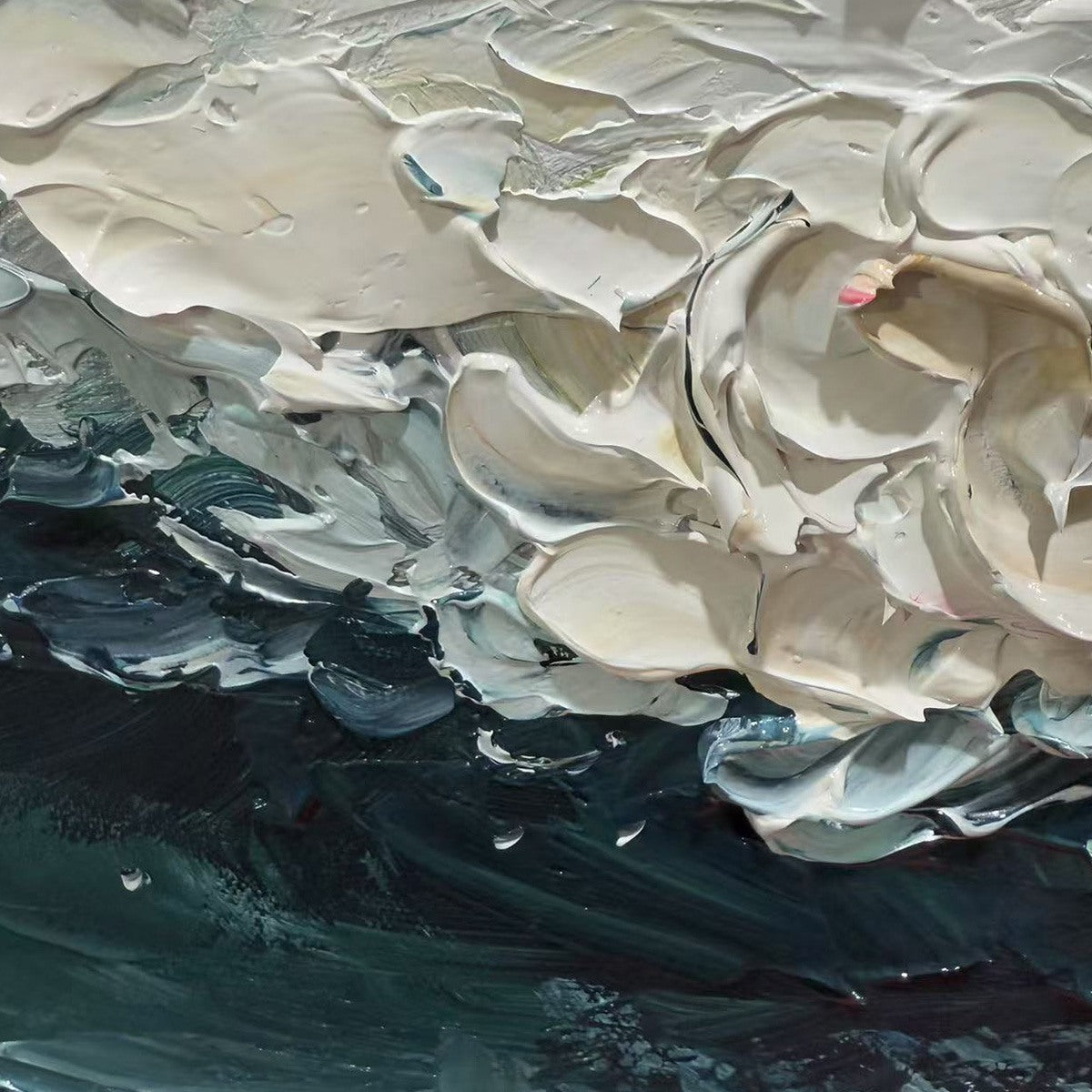 Liam O'Connell's 'Ocean Dream' abstract painting: textured blue, white, and gold ocean waves, perfect for modern home decor.