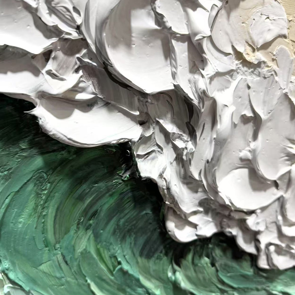 EMERALD CREST: Textured Green Wave Impasto Oil Painting