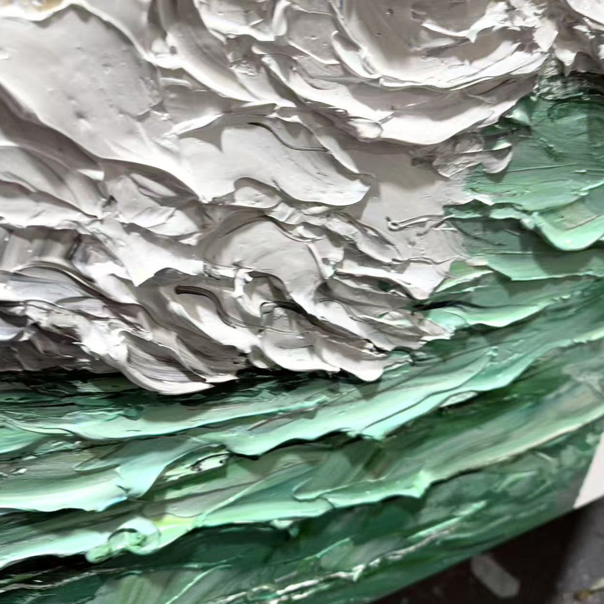 EMERALD CREST: Textured Green Wave Impasto Oil Painting
