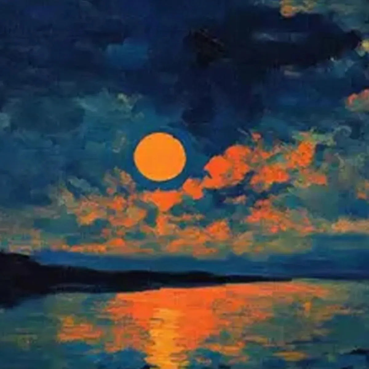 Orange Moon Lake Oil Painting | Panoramic Wall Art