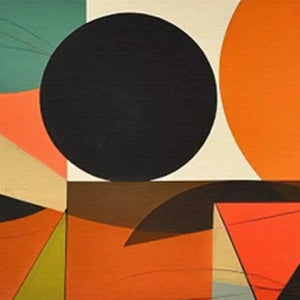 Mid-century modern abstract painting with black, orange, cream, and green geometric shapes.