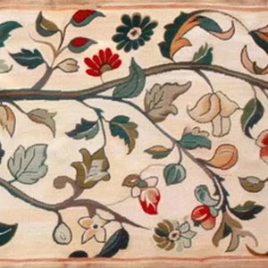 Liam O'Connell panoramic tapestry: flowering branch, red, peach, teal flowers on cream. Detailed floral design.