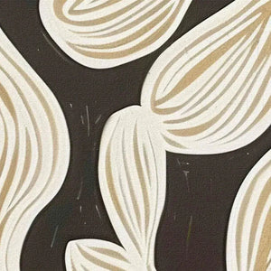 Close-up of Golden Floral Panoramic wall art, abstract cream petals with gold stripes on textured black background.