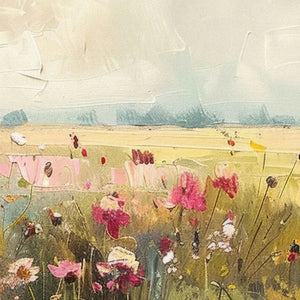Impressionist wildflower painting with pink flowers, yellow field and pale sky, panoramic wall art.