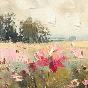 Impressionist panoramic painting of a wildflower field with thick brushstrokes and prominent pink flowers, Elodie Dubois