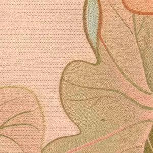 Close-up texture of Elodie Dubois botanical painting with peach, tan, sage green, and teal tropical leaves.