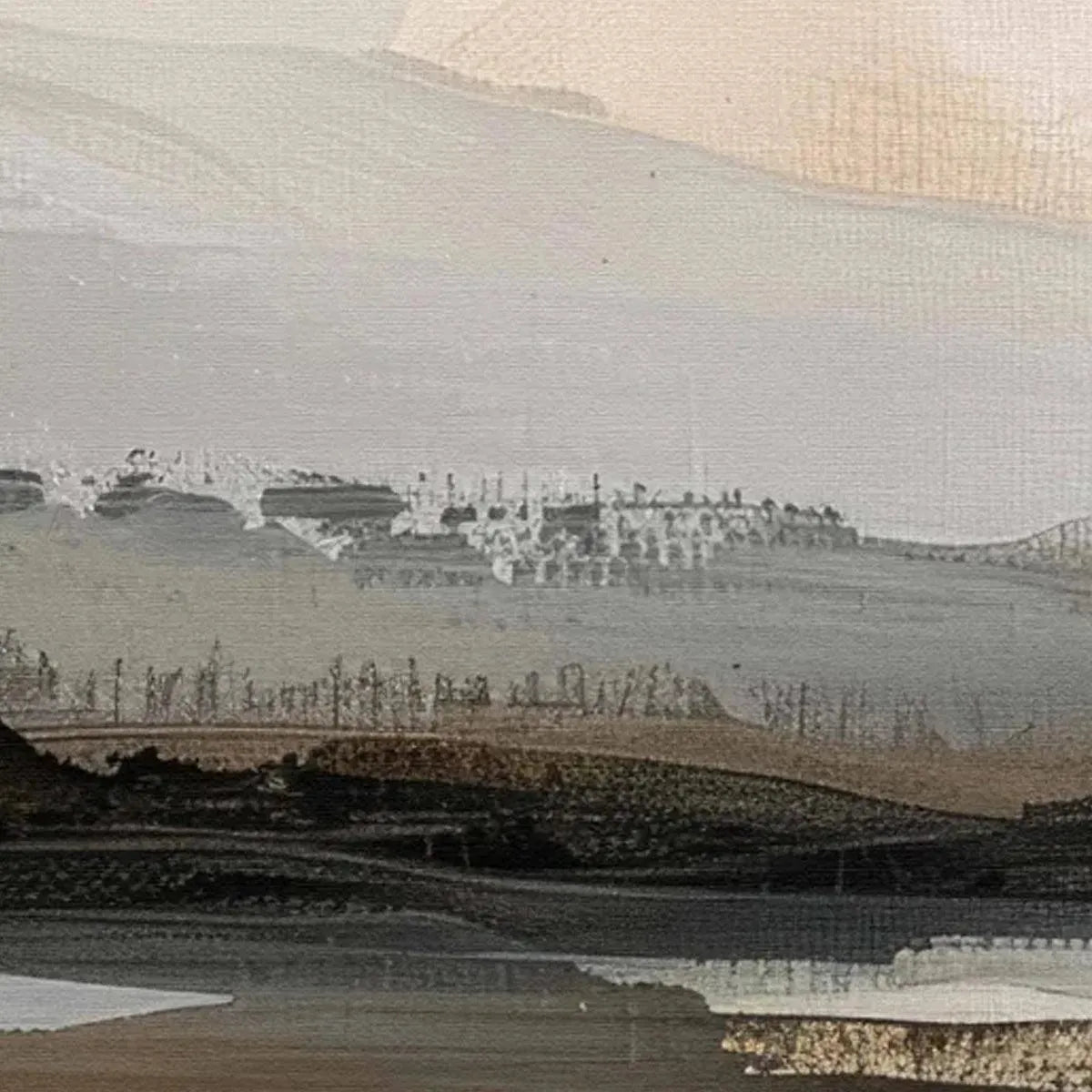 Misty Mountain Lake Painting | Abstract Panoramic Wall Art