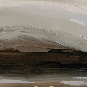 Close-up textured brushstrokes of Misty Mountain Lake Panoramic painting in muted earth tones, showing hills and mist.