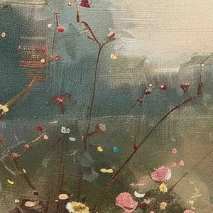 Textured meadow landscape painting detail with delicate red wildflowers and soft botanical elements against muted green background.