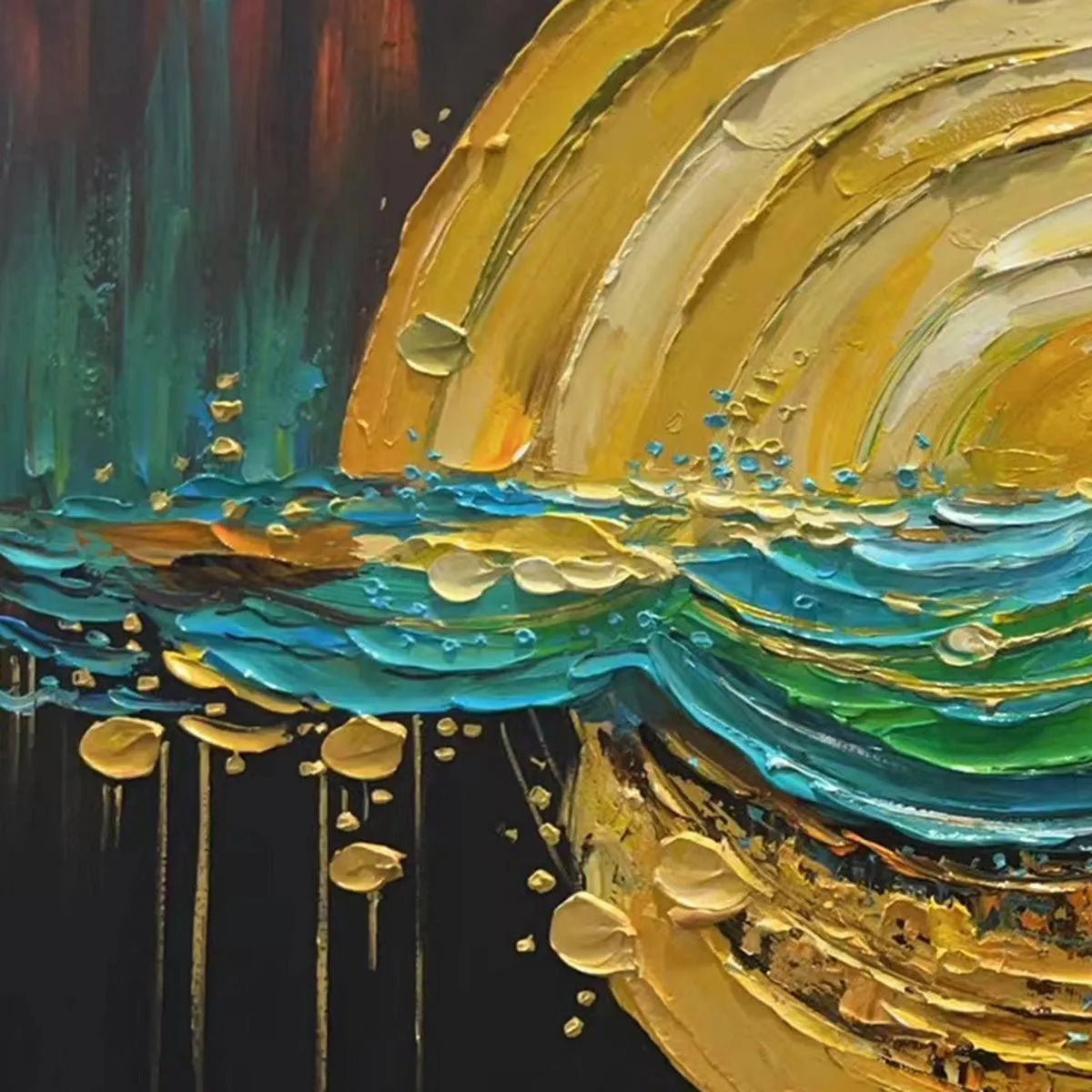 Abstract Sunburst Oil Painting - Gold and Green Art