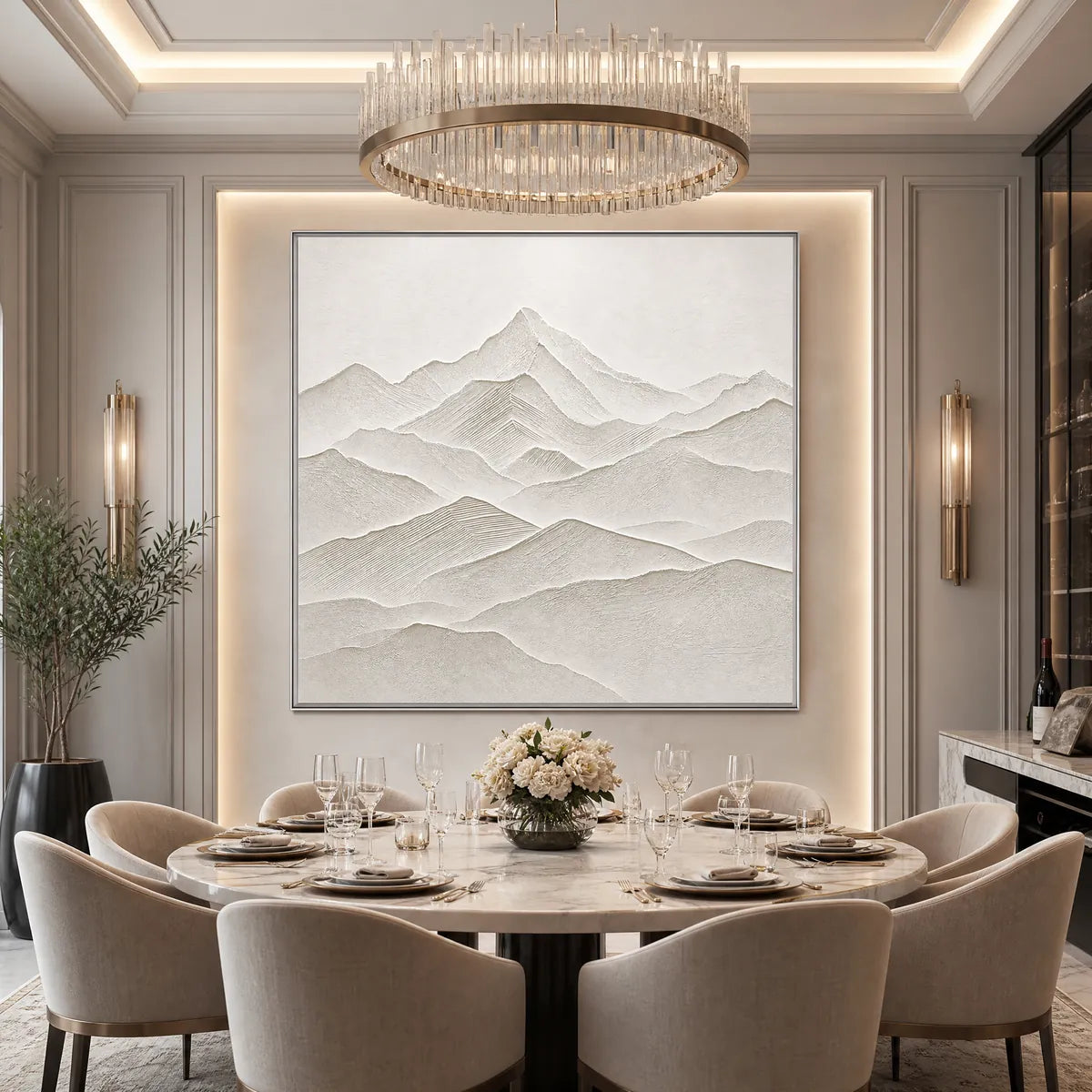 Textured minimalist mountainscape wall art in off-white tones above a luxury dining table