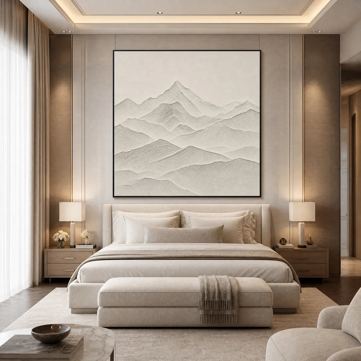 Textured minimalist mountain wall art in neutral tones above a modern bedroom bed