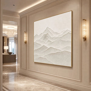Textured minimalist mountainscape wall art in off-white tones, gold frame, Wabi Sabi style