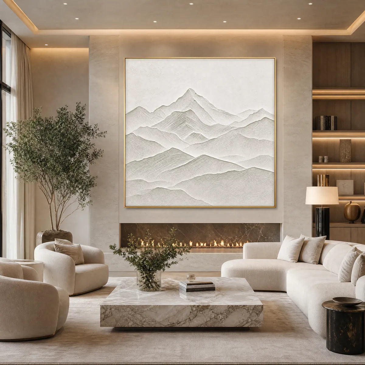 Textured minimalist mountainscape wall art in off-white Wabi Sabi style