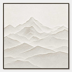 Textured minimalist mountainscape oil painting in off-white Wabi Sabi style