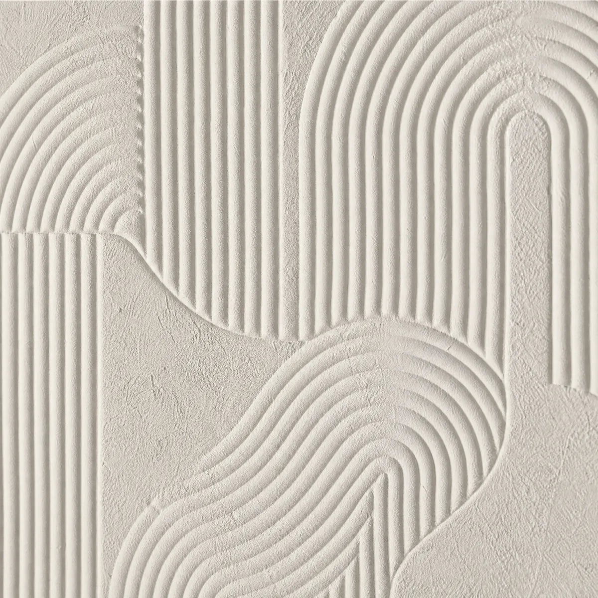 Textured white Wabi Sabi abstract wall art with curved and linear relief forms