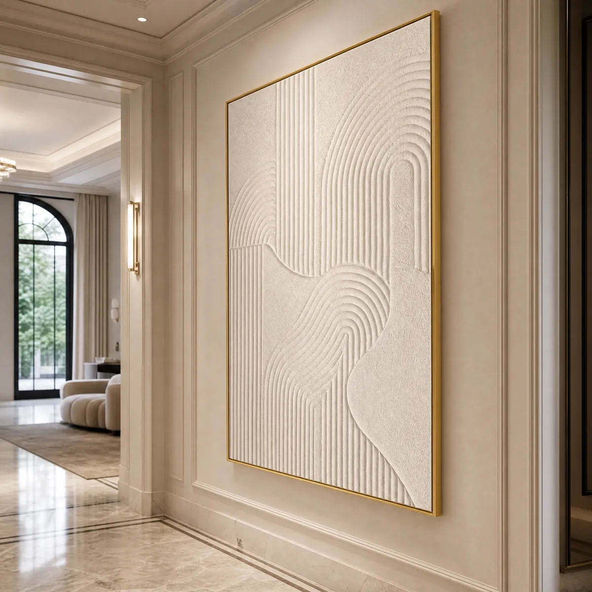Textured Wabi Sabi abstract wall art in white and beige with gold frame