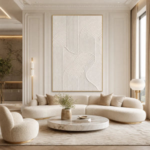 Textured Wabi Sabi minimalist abstract wall art in ivory tones above a cream sofa