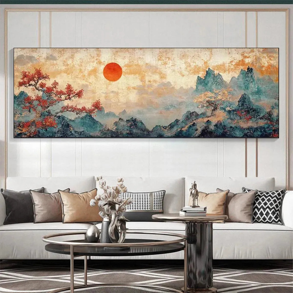 Zen Mountain Sunset Panoramic: Landscape Painting | Panoramic Wall Art | Asian Decor