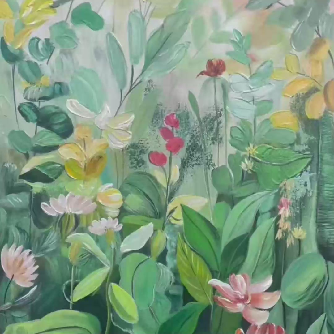 Vertical botanical garden painting with green, yellow, and white flowers. Impressionistic artwork by Elodie Dubois.