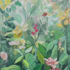 Vertical botanical garden painting with green, yellow, and white flowers. Impressionistic artwork by Elodie Dubois.