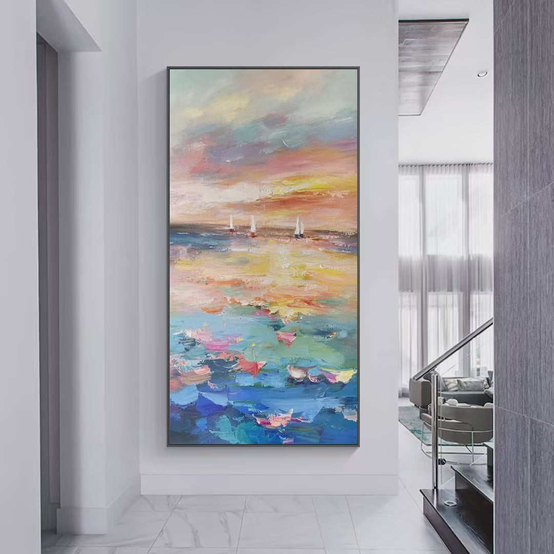 SAILING AT SUNSET-Colorful Seascape Painting, Textured Wall Art, Vertical Canvas, Beach Decor