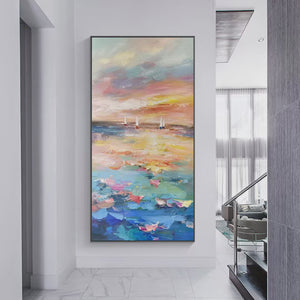 SAILING AT SUNSET-Colorful Seascape Painting, Textured Wall Art, Vertical Canvas, Beach Decor