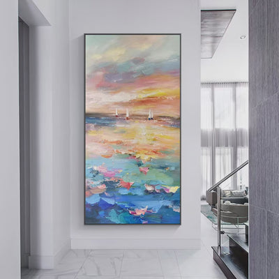 SAILING AT SUNSET-Colorful Seascape Painting, Textured Wall Art, Vertical Canvas, Beach Decor