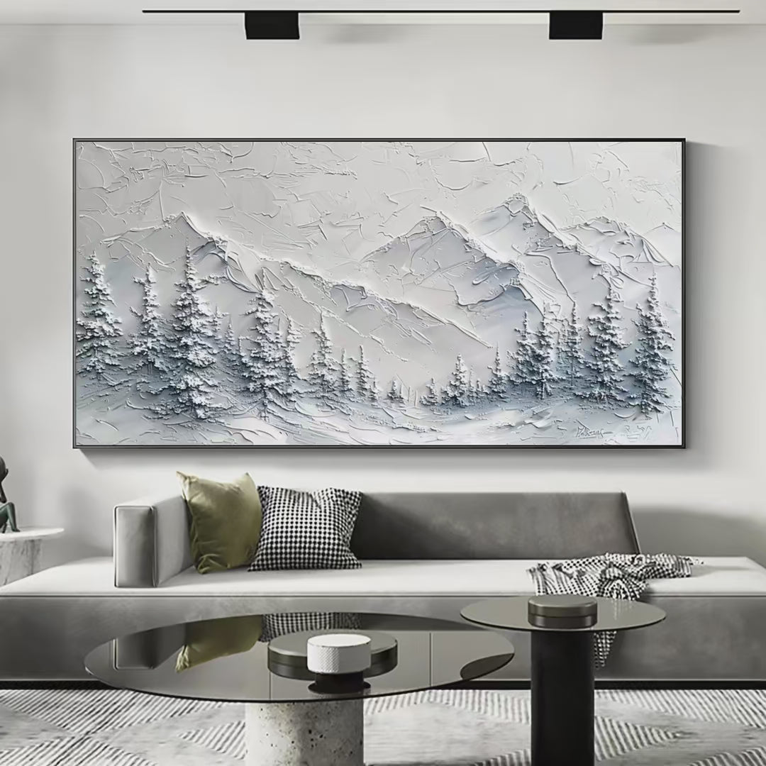 Winter's Embrace textured mountain landscape painting by Liam O'Connell, winter art, framed. Evokes serene winter ambiance.