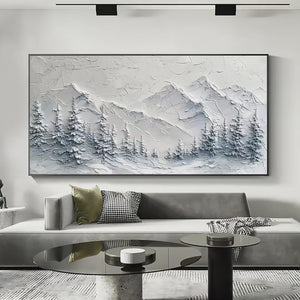 Winter's Embrace textured mountain landscape painting by Liam O'Connell, winter art, framed. Evokes serene winter ambiance.