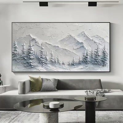 Winter's Embrace textured mountain landscape painting by Liam O'Connell, winter art, framed. Evokes serene winter ambiance.