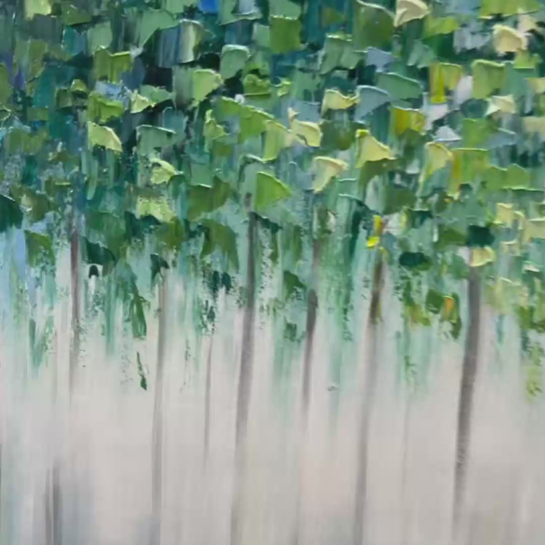 Emerald Forest abstract painting, vibrant green and blue canopy, light tree trunks, framed in sleek black.