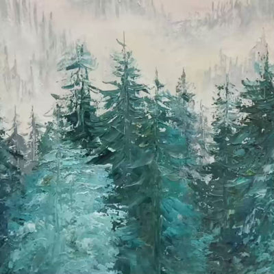 Panoramic Forest Landscape Painting, Misty Trees, Green