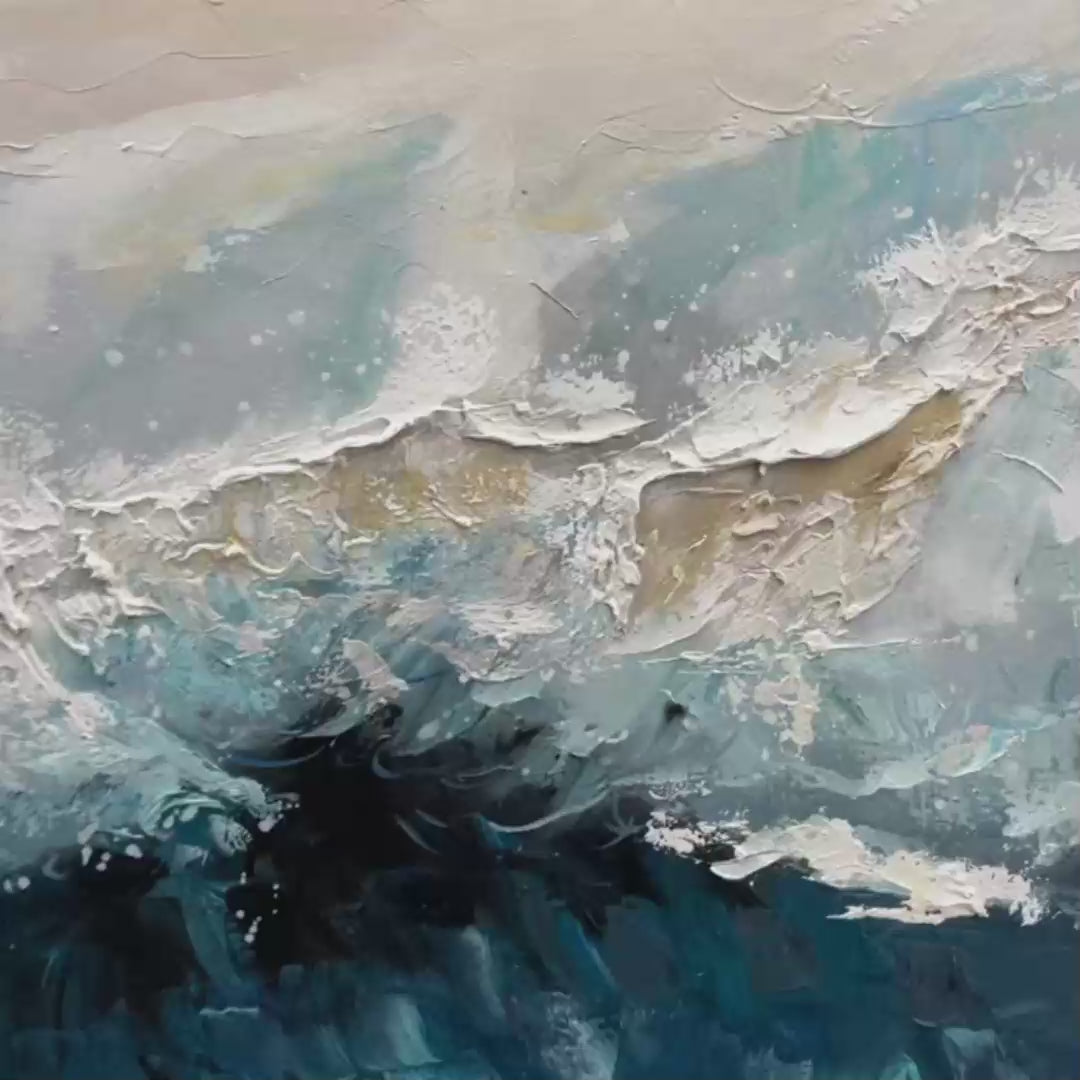 Frozen Motion abstract waterscape painting in teal, white, and blue with textured layers, by Liam O'Connell