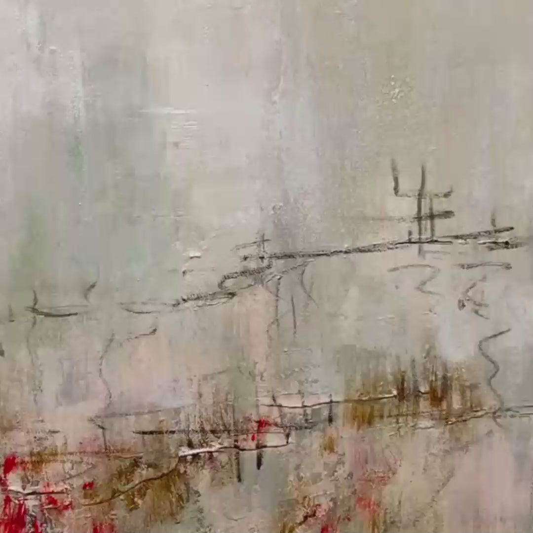 Textured abstract vertical painting Wabi Sabi Terrain, muted colors with red accents, gold frame.